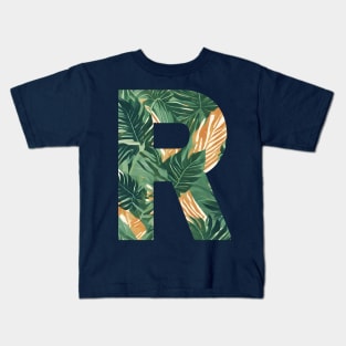 A pattern of vintage tropical leaves filling the letter R Kids T-Shirt